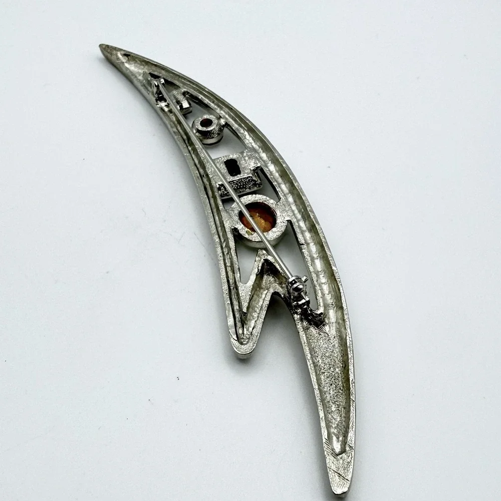 Large Modernist Bar Brooch Silver Tone Black Clear Rhinestone 5.25